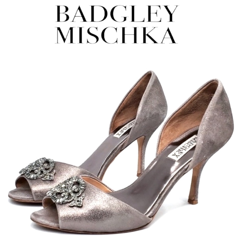 Badgley Mischka Salsa Embellished Peep Toe Pewer Metallic Heels Size 10